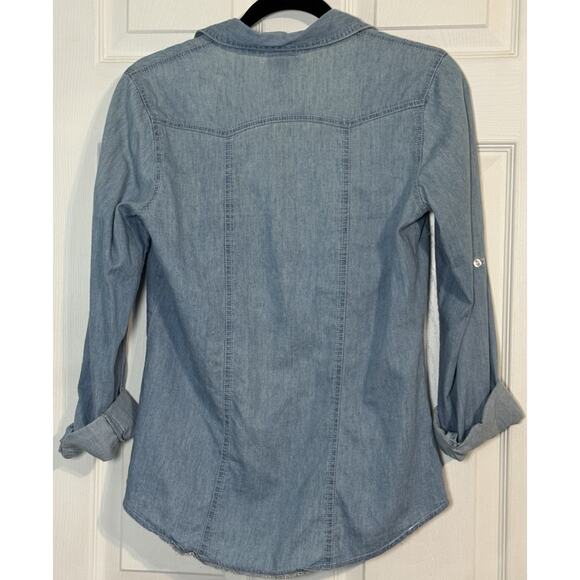 Rue 21 Blue Denim Look 100% Cotton Button Up Long Sleeve Collared Shirt, Medium - Picture 6 of 6